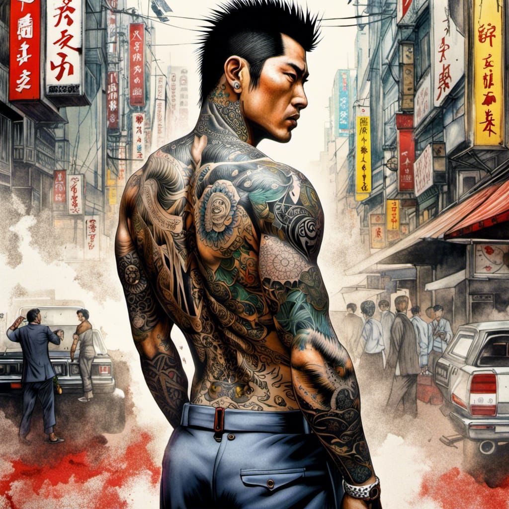 Hyperrealistic Yakuza Gangster in Cinematic Splash Art