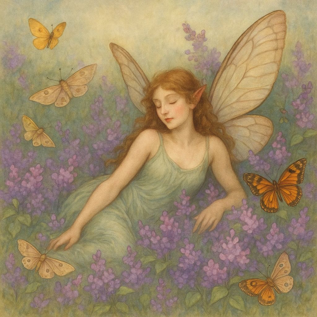 Fairy in Lilac Field with Moths and Butterflies