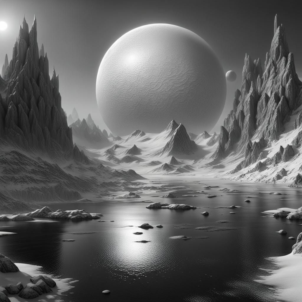 Monochrome Frozen Sea on Distant Moon: Fantasy Art