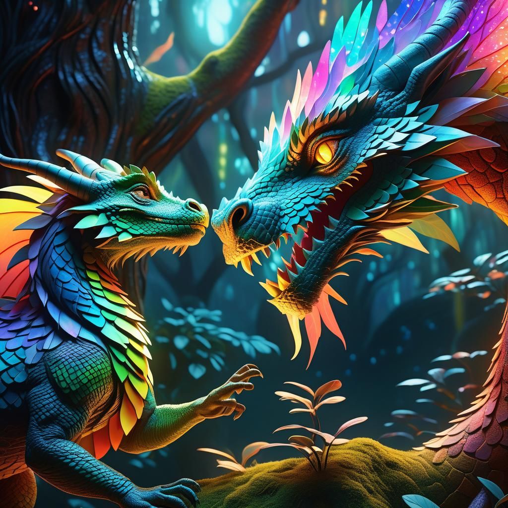 Fantastical Animals Interact in Lush Environment