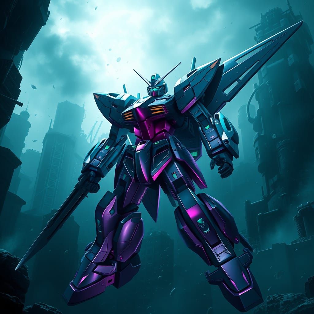 Gundam Manta Ray in Underwater Cityscape