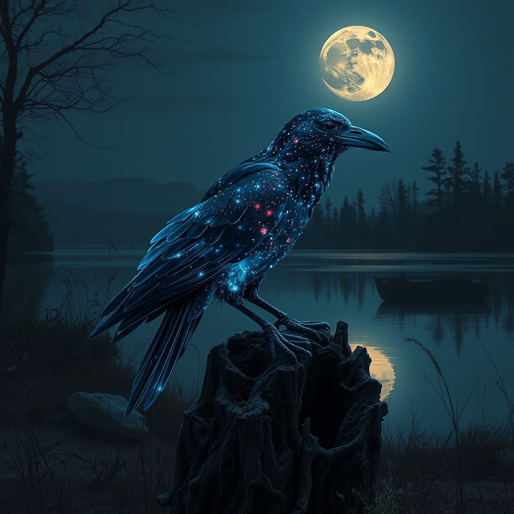 Bioluminescent Crystal Raven Perched by Still Lake