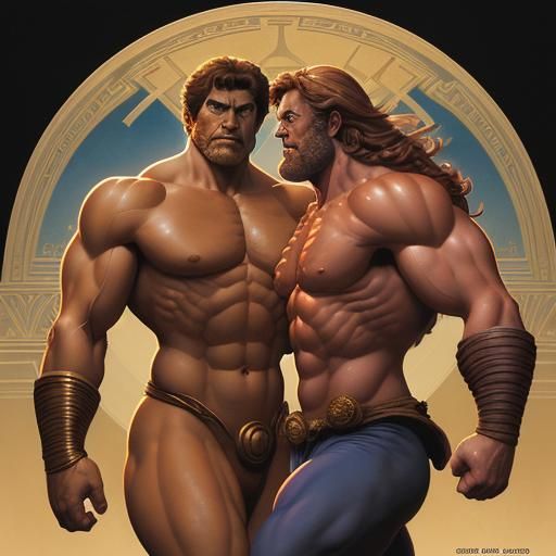Hercules and Atlas in Comic Book Art Style