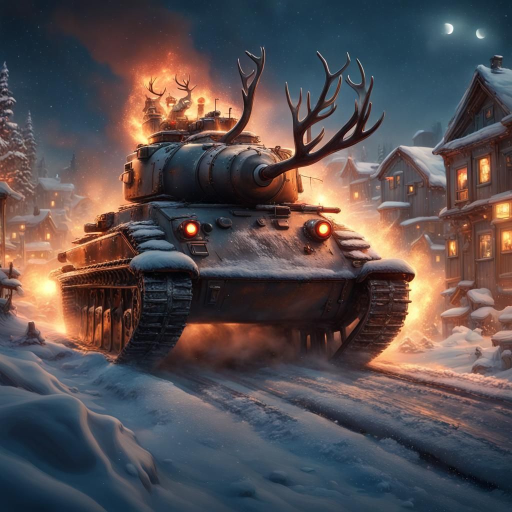 Festive Reindeer Tank Driving Through Burning Town