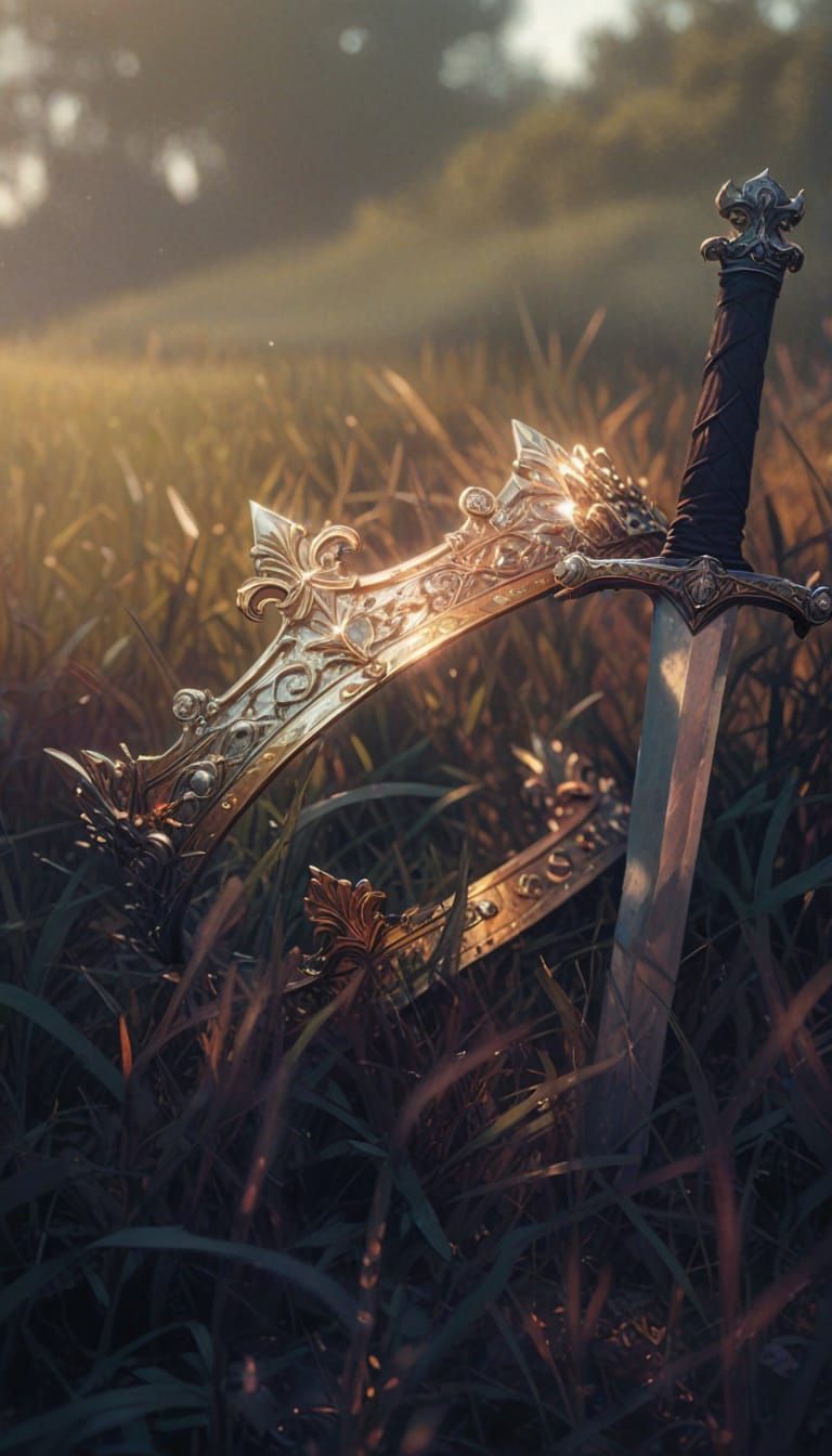 Majestic Crown and Sword in Sunlit Field, Oil Painting