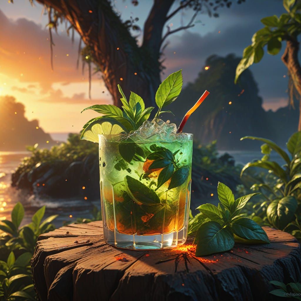 Mystical Mojito Island: Vibrant Oil Painting