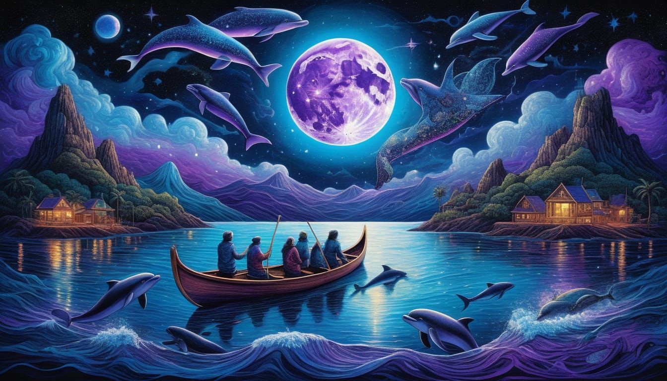 Cosmic Illustration: Porpoise Leaps From Stormy Sea Under Lu...