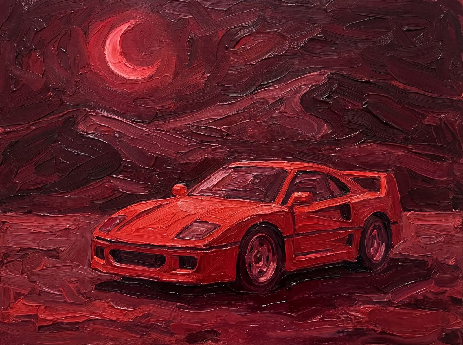 Crimson Sports Car in Desert Under Moon