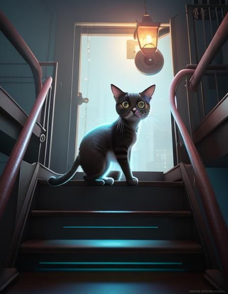 Cute Cat Climbing Stairs: Pixar-Style 3D Art
