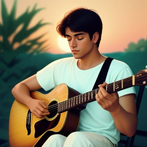 Young Man Plays Guitar on Summer Evening, Sun-Drenched Nosta...