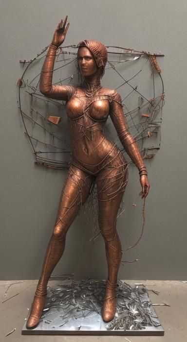 Copper Sculpture of Woman in Found Metal Mosaic