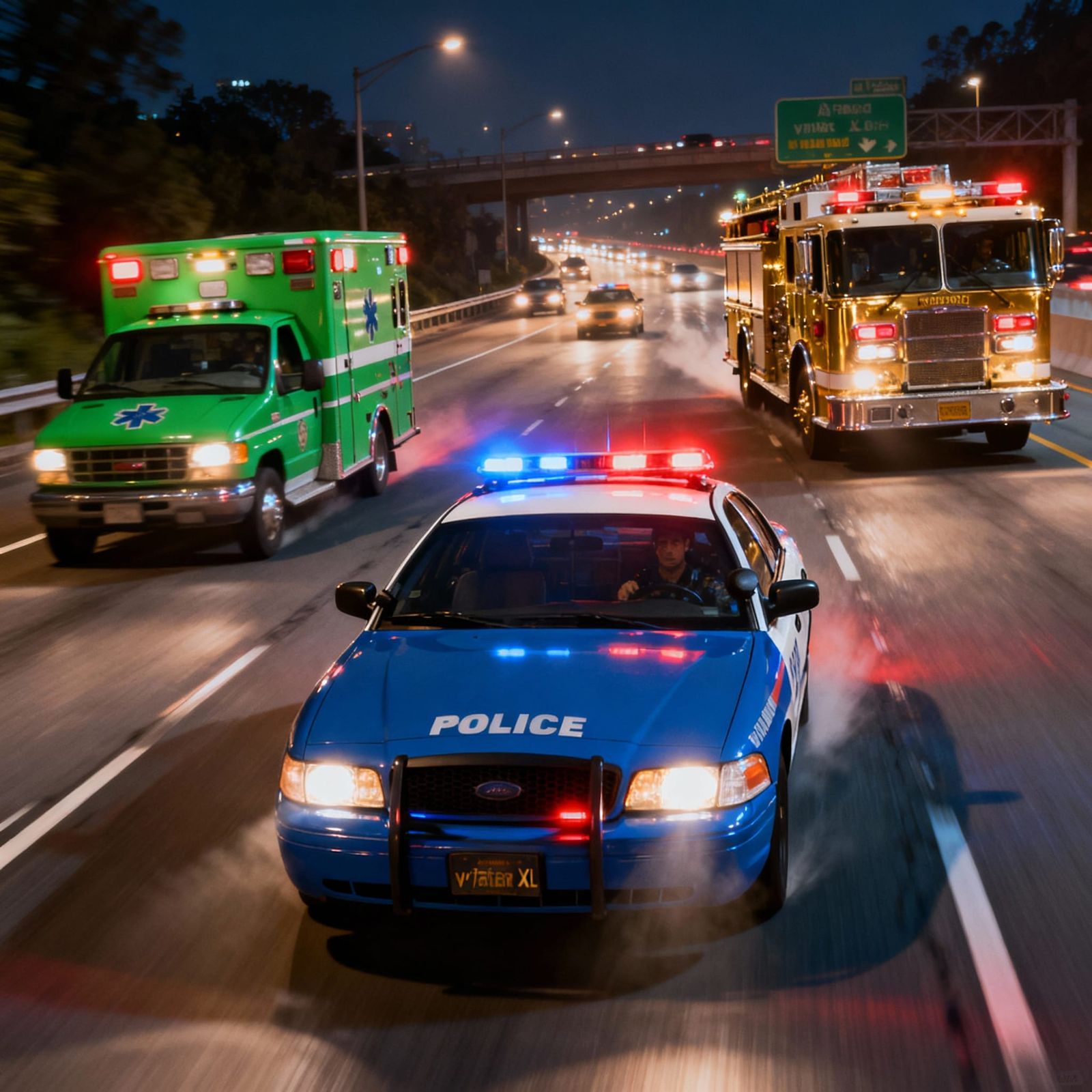 Emergency Vehicles Race Down Highway at Night