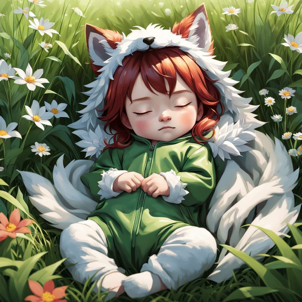 Whimsical Newborn Wolf Maiden in Enchanted Field