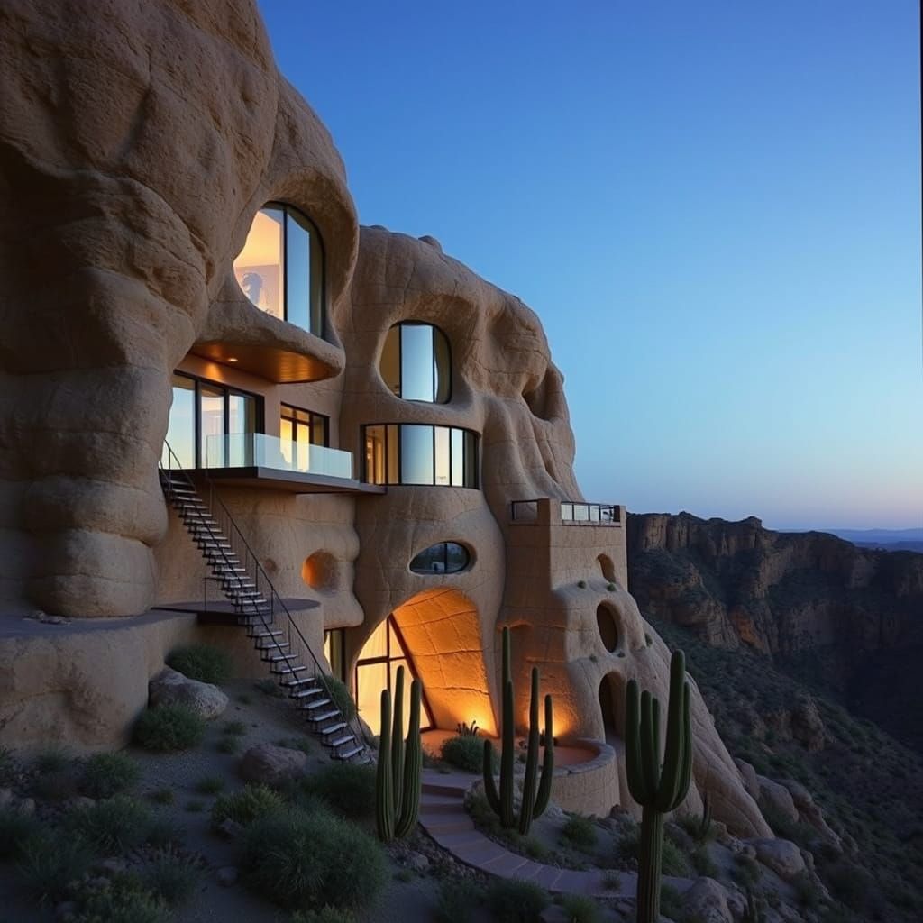 Surreal Desert Cliffside Palace in Cinematic Film Still Styl...