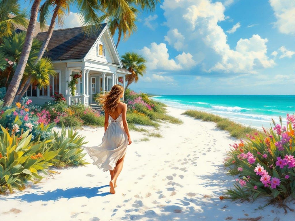 Woman Strolls on Beach Toward Charming Cottage