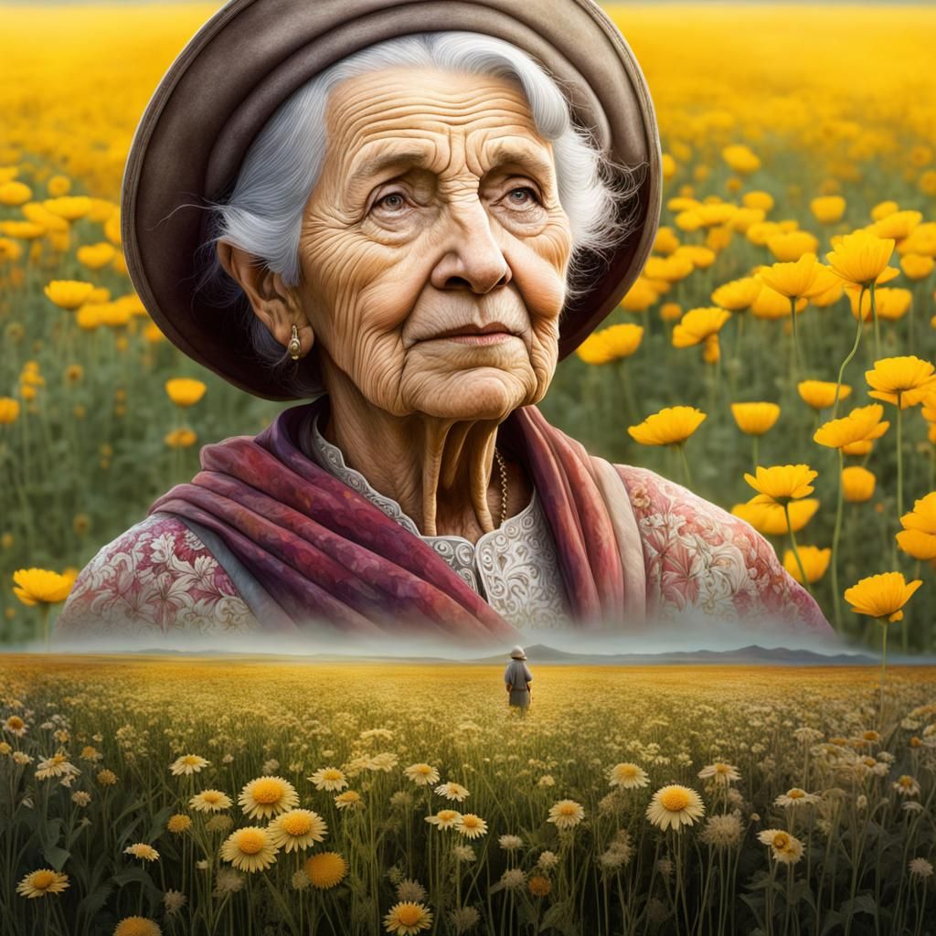 Woman in Flower Field: Layered Digital Art