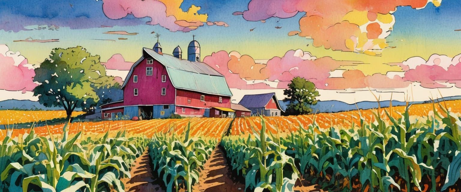 Quaint Pennsylvania Farmhouse with Hex Signs in Watercolor S...