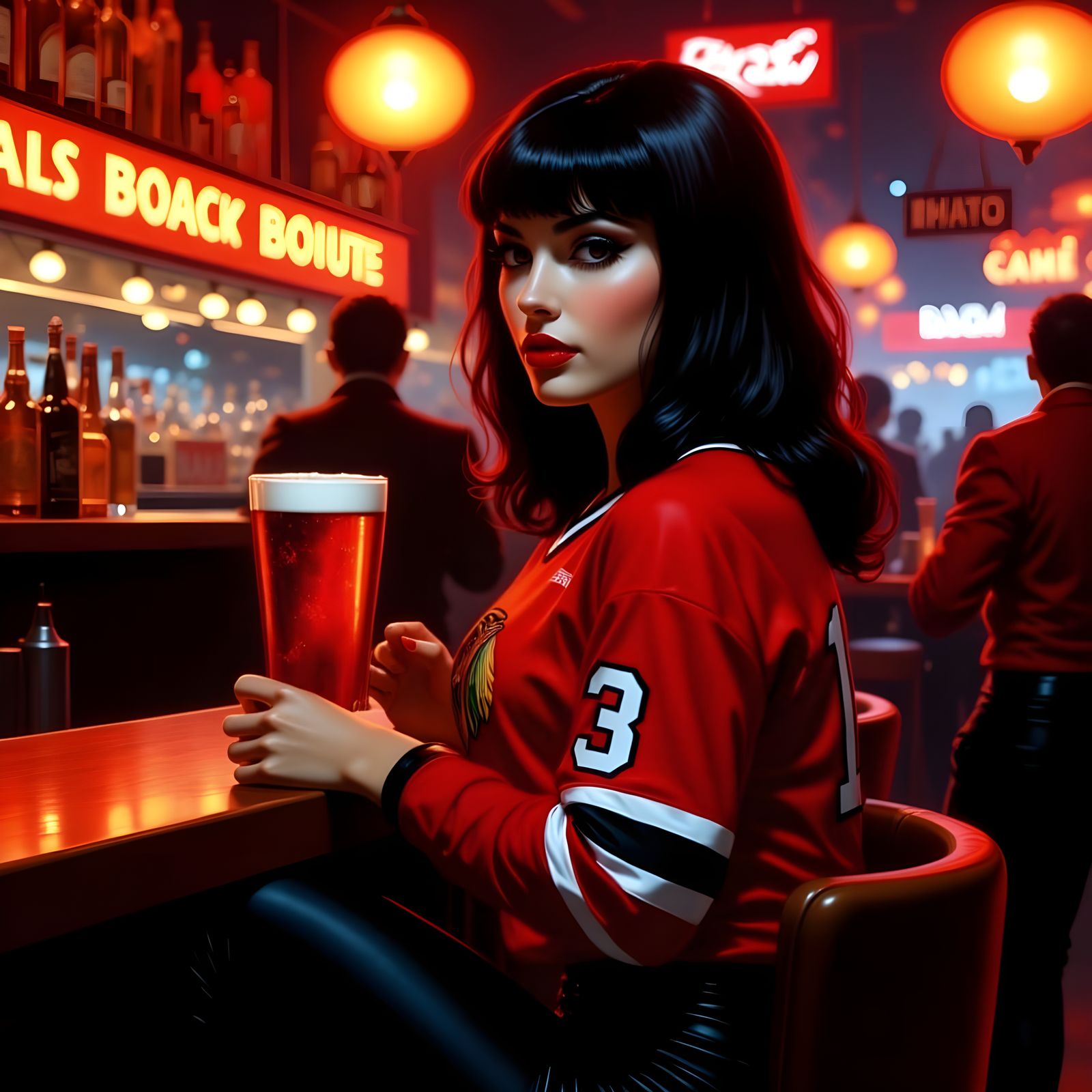 Woman in Red Blackhawks Jersey Sipping Beer at a Hyperrealis...
