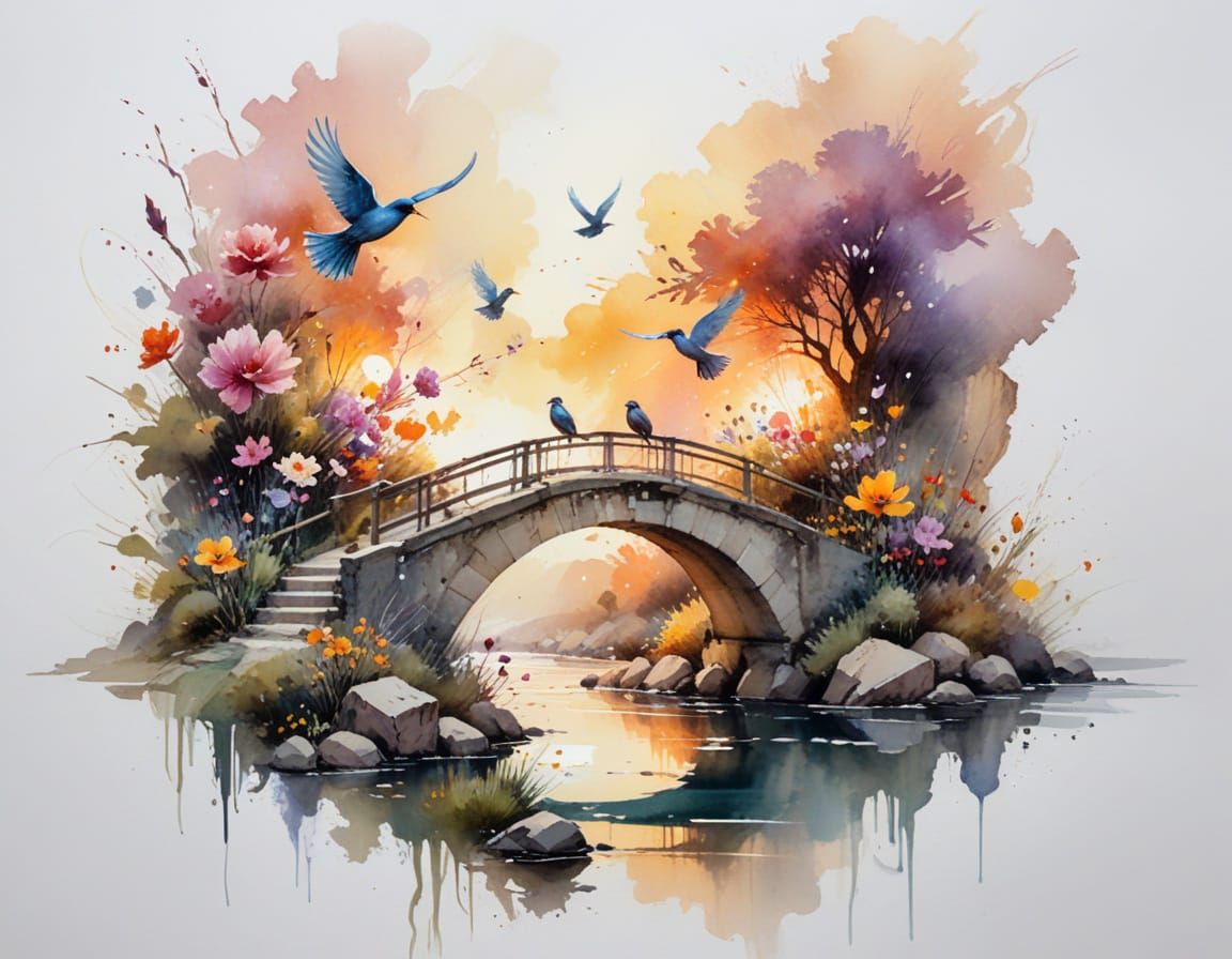 Painterly Impressionism Birds Soar Over Glowing Stream and B...