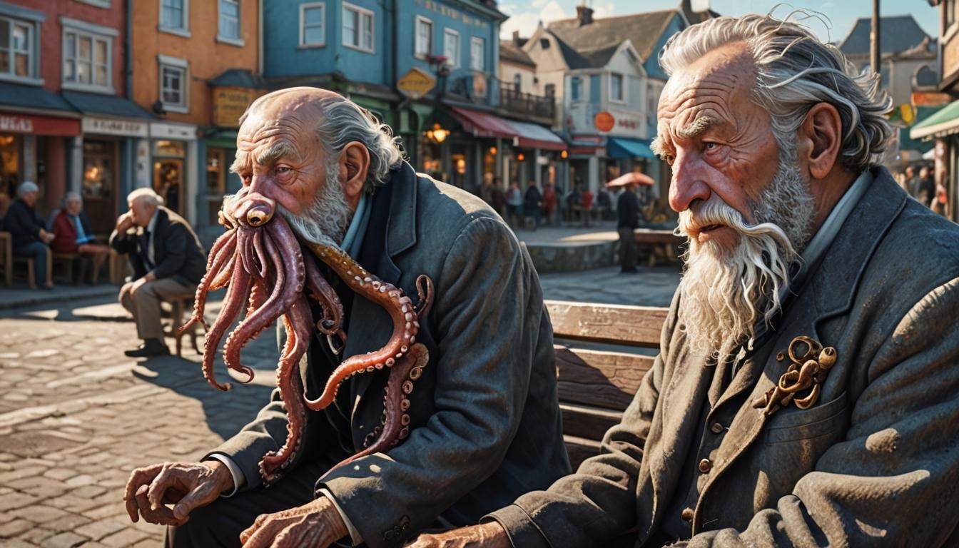 Octopus-Bearded Man and Penguin: Hyperrealistic Splash Art