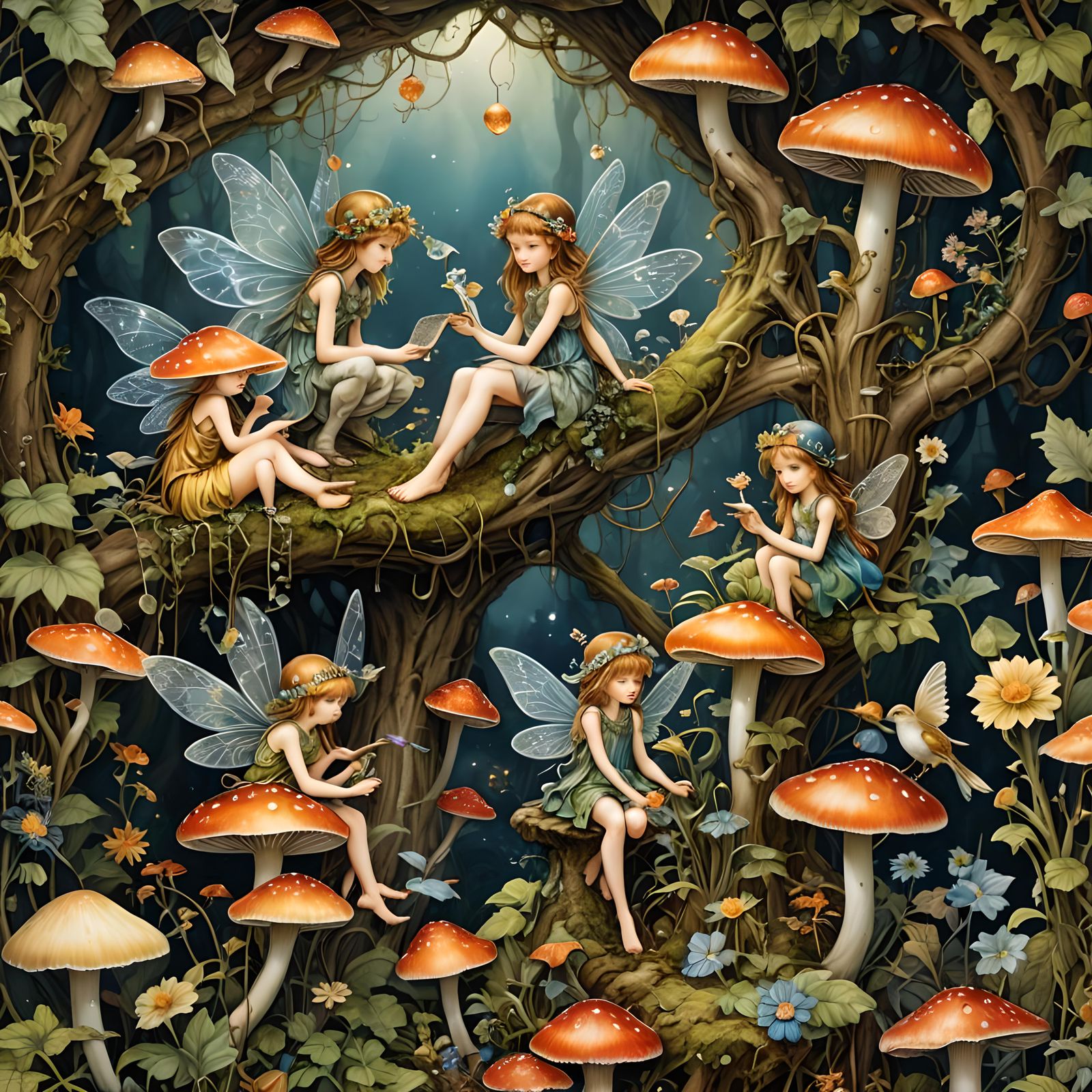 Fairytale Fairies with Birds on Crystals