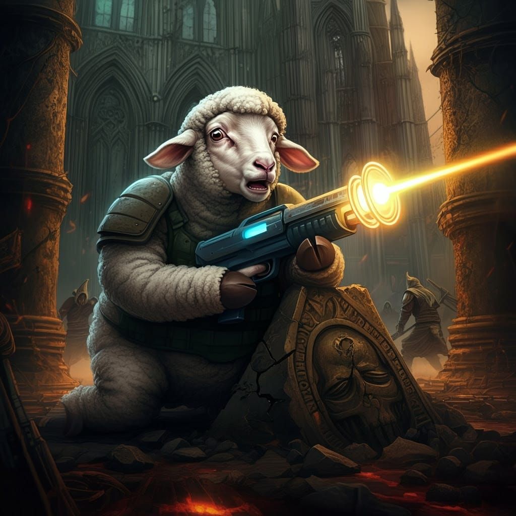 Terrified Lamb Warrior in Apocalyptic Battlefield