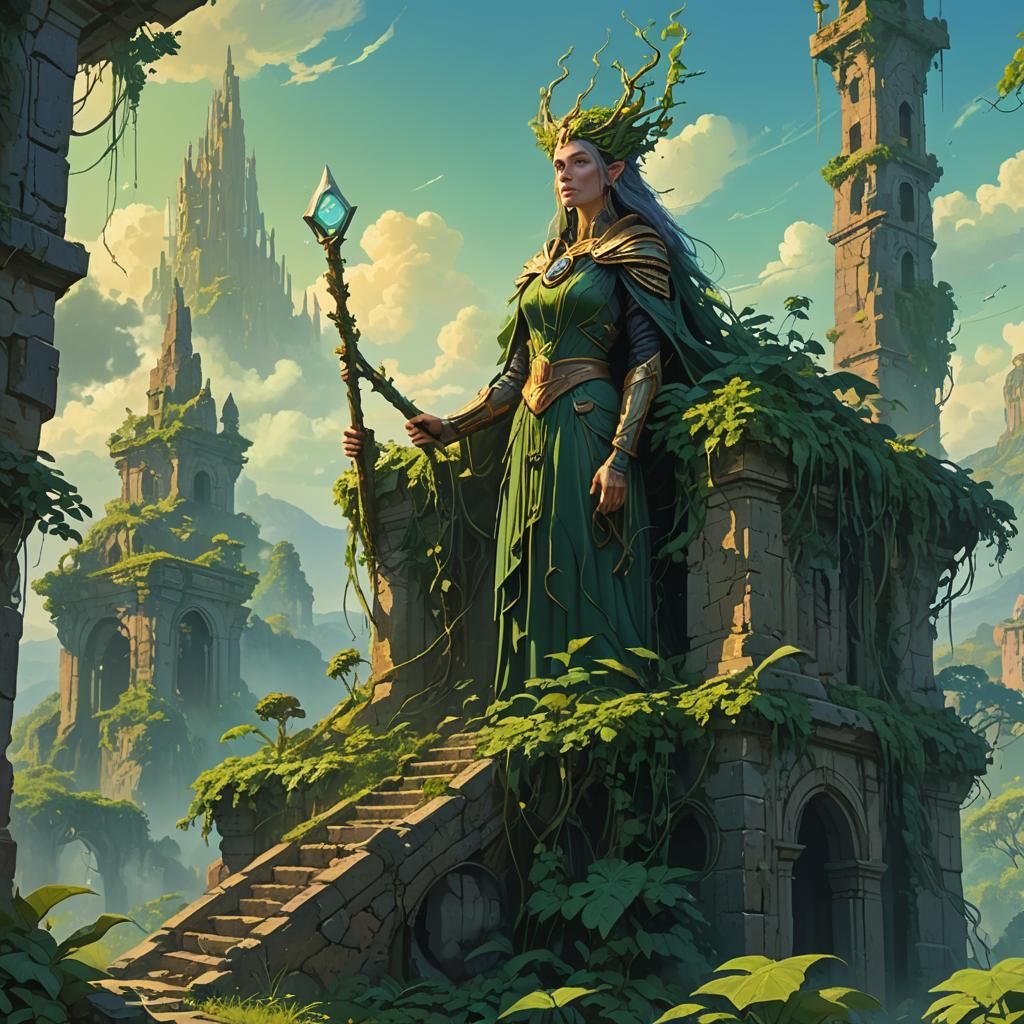 Sorceress on Ancient Ruins in Lush Fantasy Art