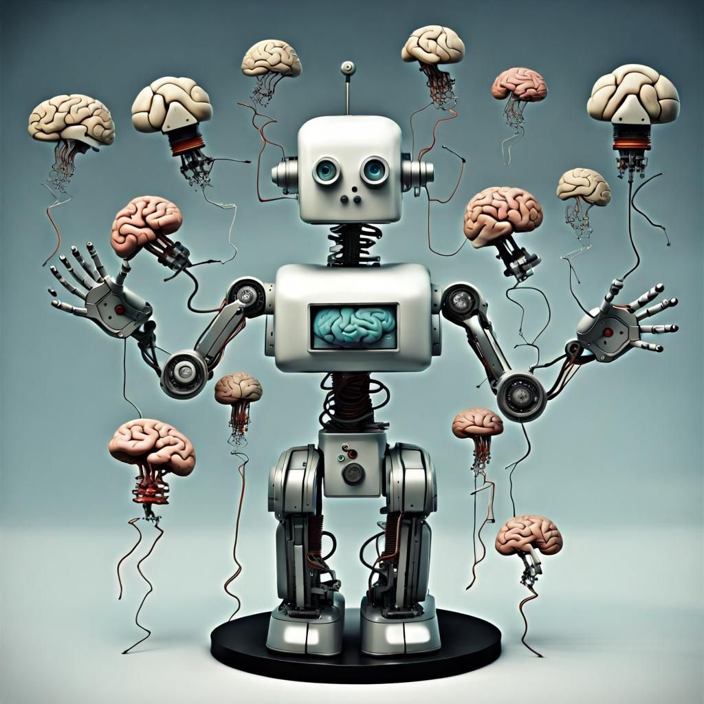Robot Juggling Brains in Surreal Dali Landscape