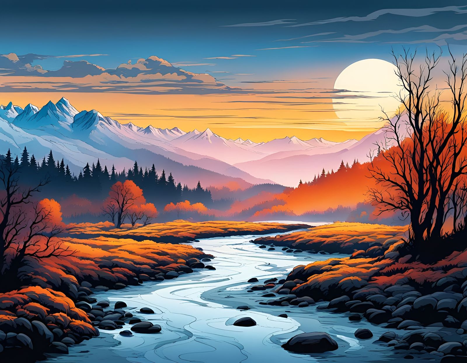 Vibrant Anime Winter Riverscape at Sunrise