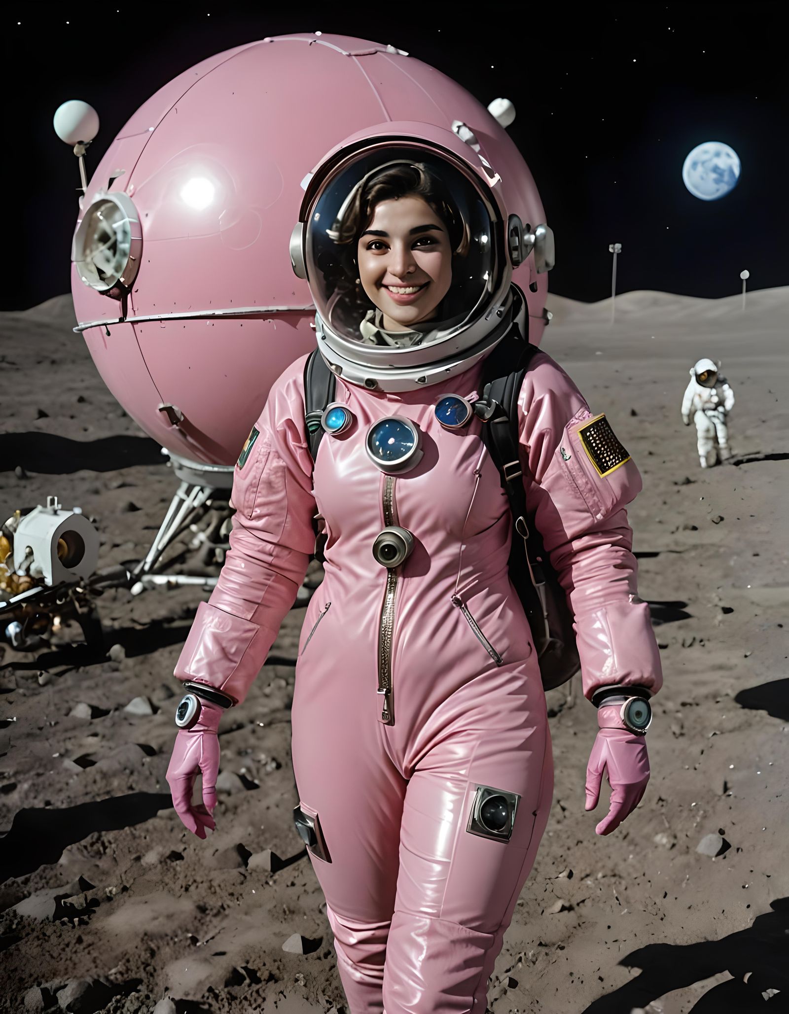 Iranian Woman in Pink Spacesuit on Moon