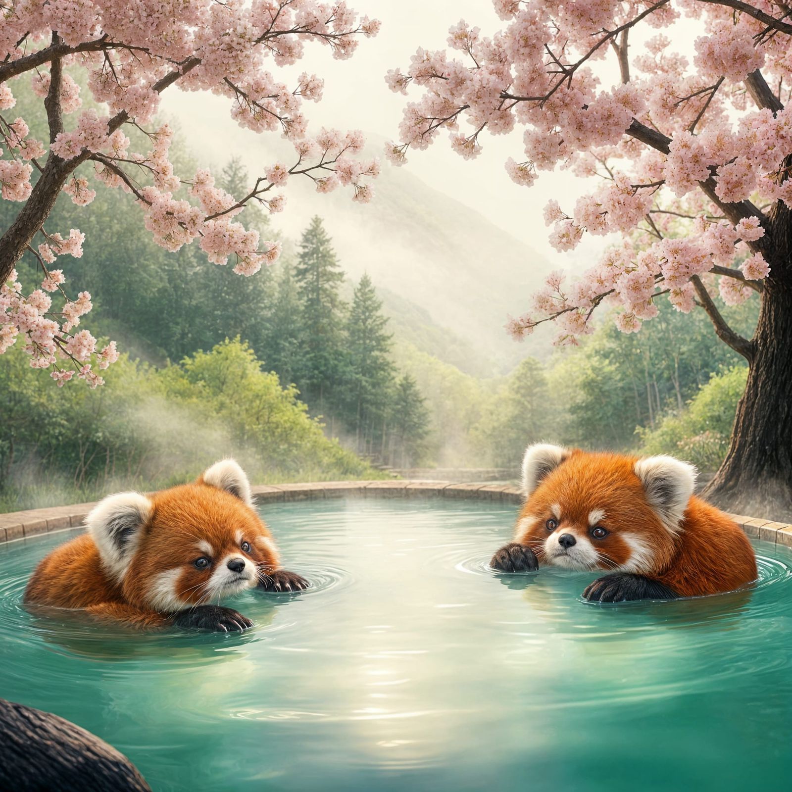 Dreamlike Red Panda Family Soaks in Cherry Blossom Hot Sprin...
