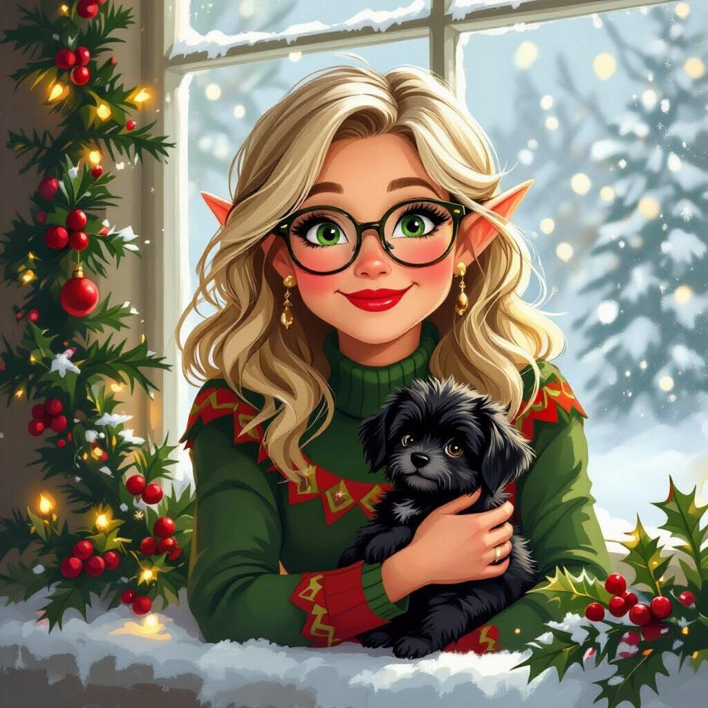 Christmas Elf Woman With Puppy on Snowy Windowsill