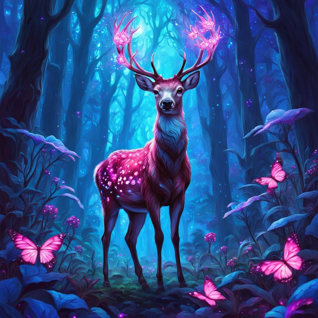 Ethereal Deer with Glowing Antlers and Flowers in Mystical F...