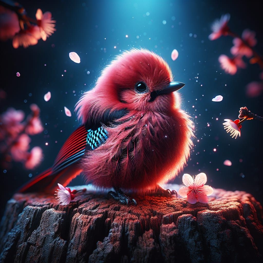Hyper-Realistic Red Jay in Ethereal Sakura Rain