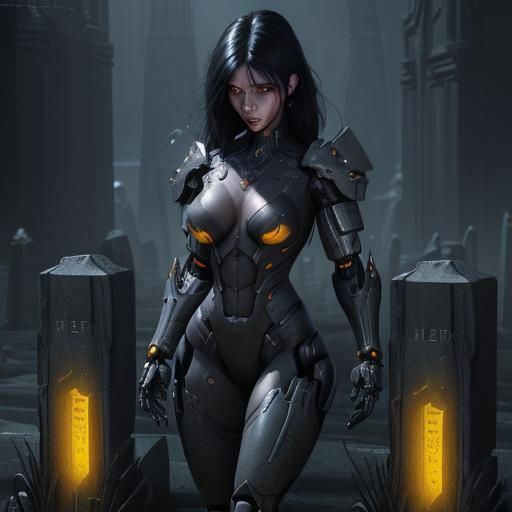 Militant Woman and Robot Headstone in Dark Fantasy Art