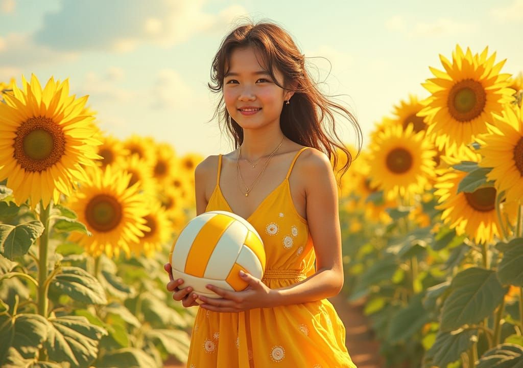Woman with Volleyball in Sunflower Field, Impressionist Styl...