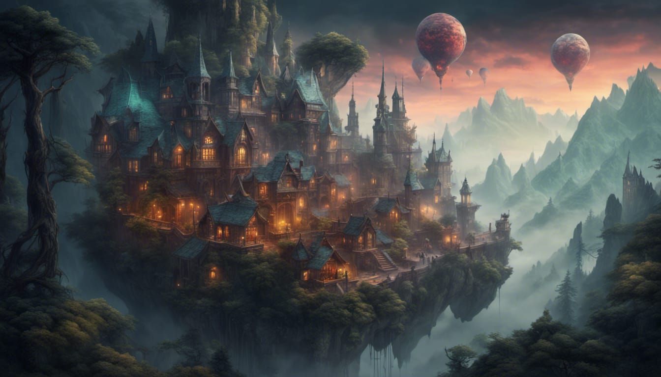 Fantasy City in Dark Forest Digital Matte Painting
