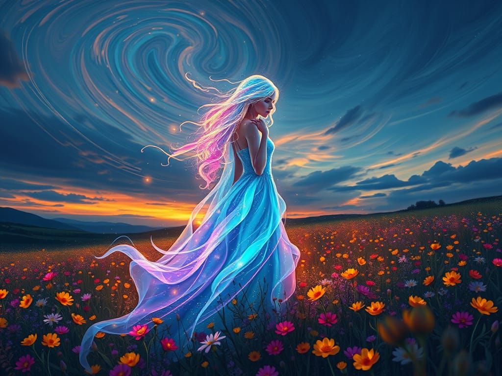 Celestial Ghost Radiates Vibrant Hues in a Flowering Meadow