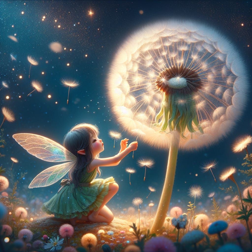 Enchanting Fairy Pulling Giant Dandelion in Moonlight