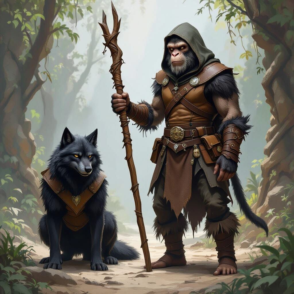 Vanara Druid and Wolf Companion in Fantasy Landscape