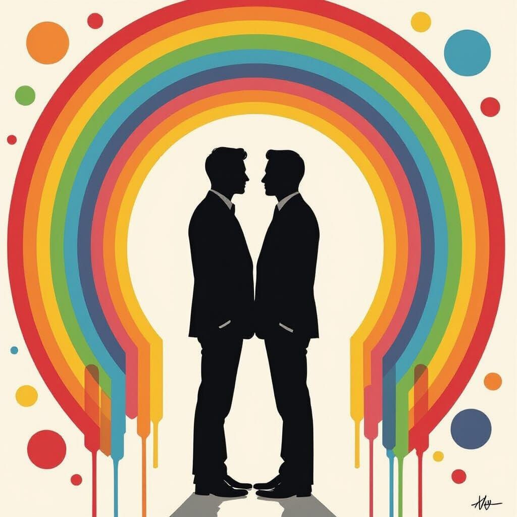 Silhouetted Men Against Vibrant Rainbow Abstract Backdrop