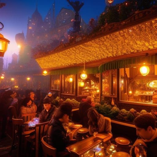 Enchanted Cafe at Night: Fantasy Concept Art