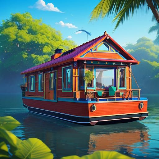 Cozy Houseboat in Vibrant Colors and Lush Greenery