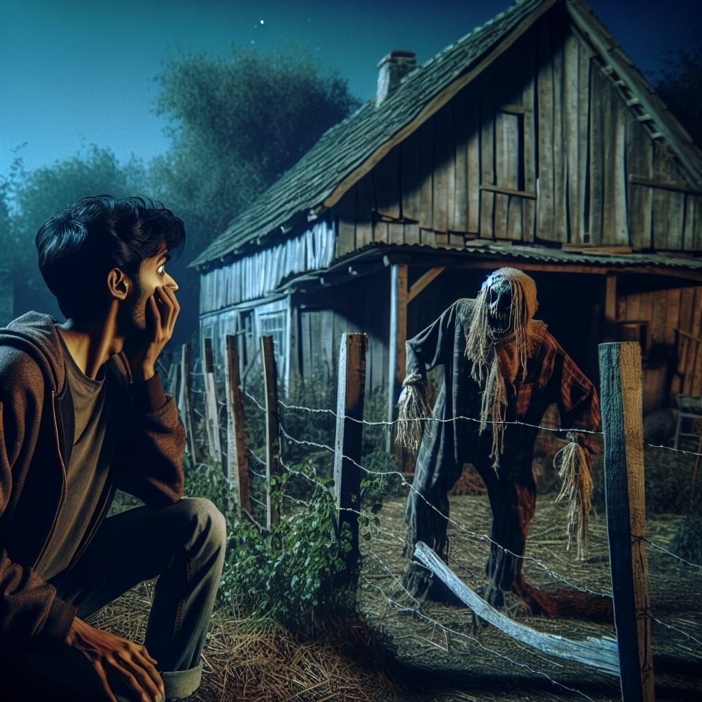 Terrified Man and Scarecrow in Abandoned Farm