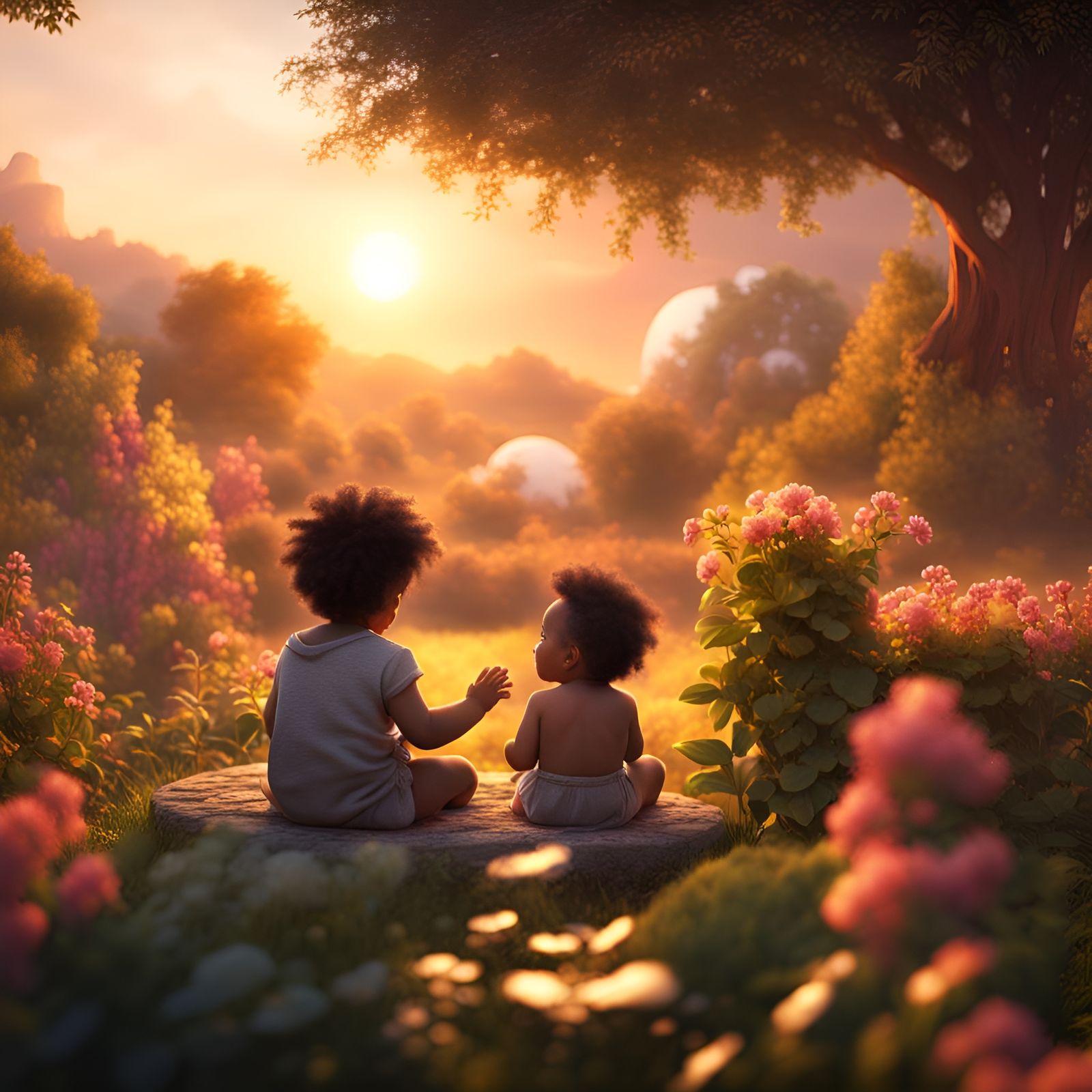 Baby Watching Sunset: Detailed Fantasy Concept Art