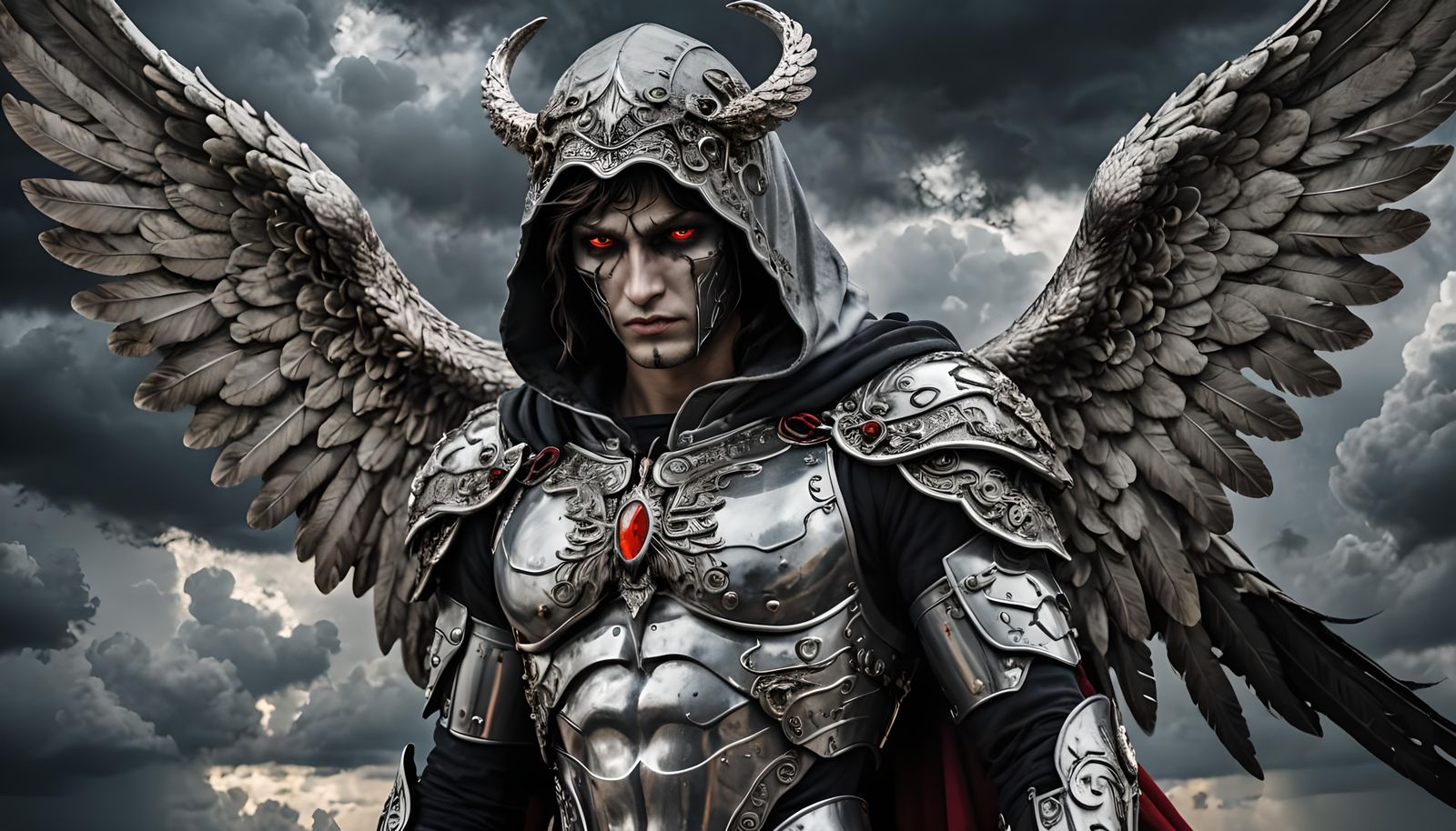 Silver Hooded Fallen Angel Warrior in HDR