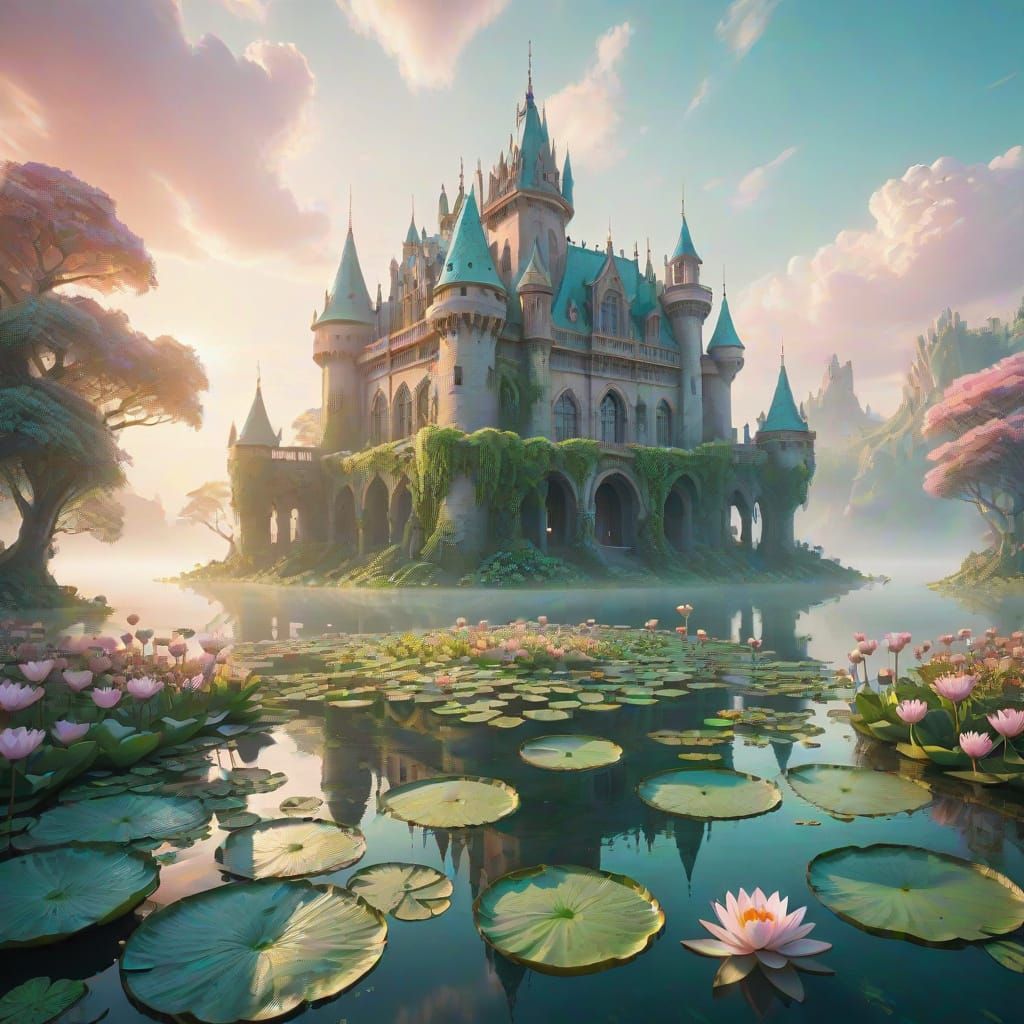 Ethereal Castle Amidst Lotus Island Majesty