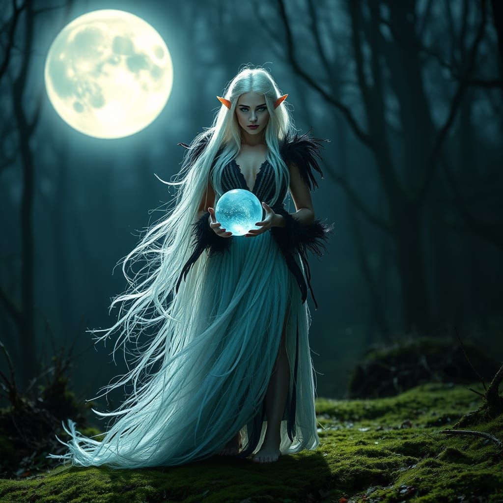 Elf Sorceress with Crystal Orb in Surreal Glade