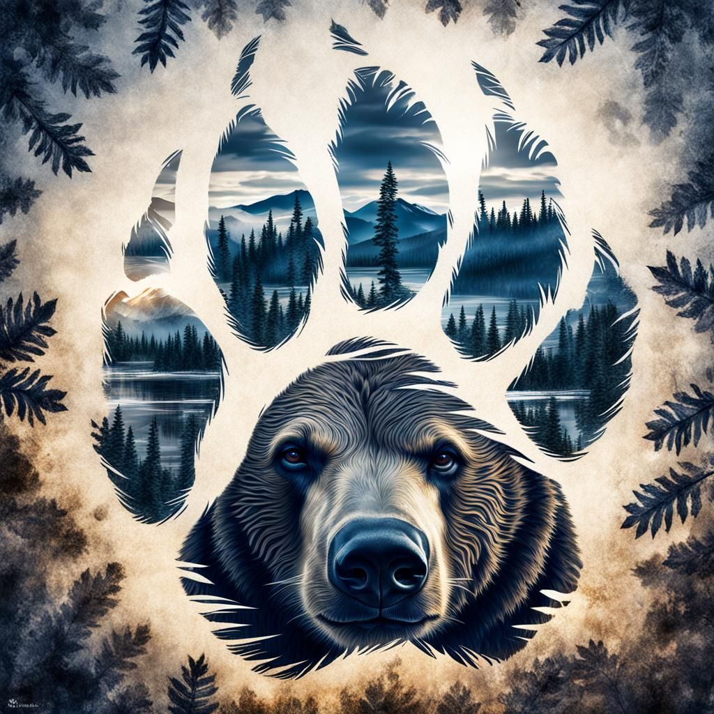 Double Exposure: Bear Inside a Bear Paw Print