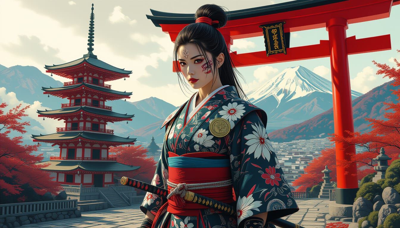 Ninja Warrior in Japanese Temple Double Exposure